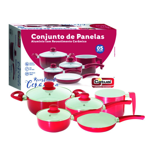 Conjunto de Panelas 5 Peças Ceramica Vermelho [Catuaí 33270]